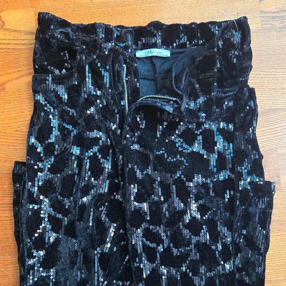 Black Shiny Sequin Suede Zara Pants (Sz S)